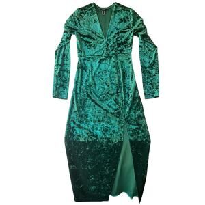 FOREVER 21 Women Long Dress size M Velvet Green Fitted Long Sleeve V-neck Slit